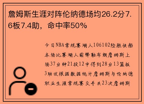 詹姆斯生涯对阵伦纳德场均26.2分7.6板7.4助，命中率50%